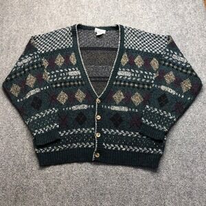 Vintage City Streets Mens Cardigan Sweater XL Green Argyle Geometric 90s Knit